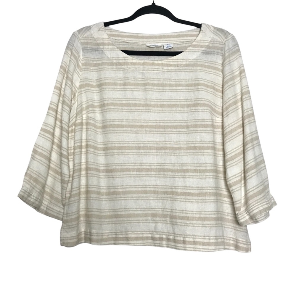 Sigrid Olsen Cream Striped Linen Blend 3/4 Sleeve Top Womens Size S Coastal Boho